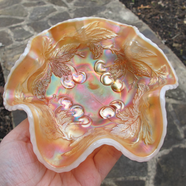 Antique Dugan Cherries Peach Opal Carnival Glass Small Bowl