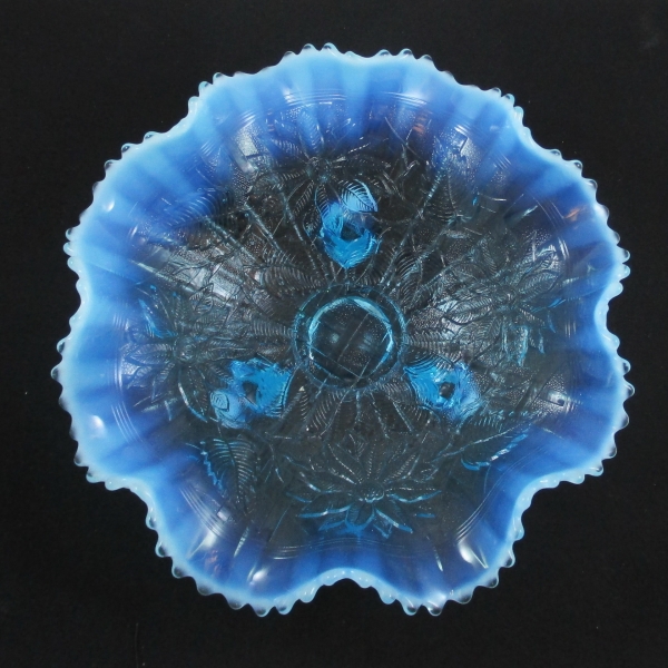 Antique Northwood Blue Opal Lattice & Poinsettia Opalescent Glass Ruffled Bowl
