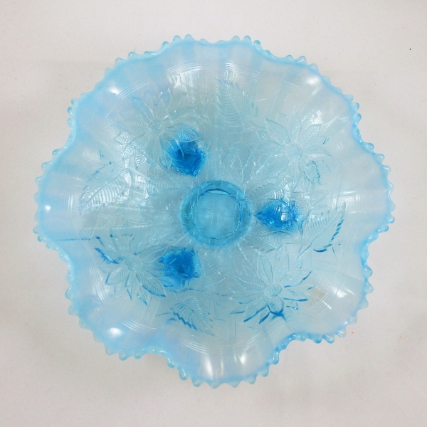 Antique Northwood Blue Opal Lattice & Poinsettia Opalescent Glass Ruffled Bowl