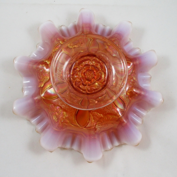 Antique Dugan Peach Opal Double Stem Rose Carnival Glass 3N1 Bowl