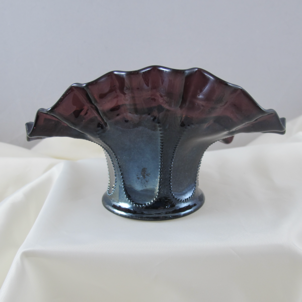 Antique Dugan Daisy Web Amethyst Carnival Glass Crimped JIP Hat Vase