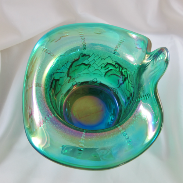 Fenton Spruce Emerald Green Frolicking Bears Carnival Glass JIP Vase