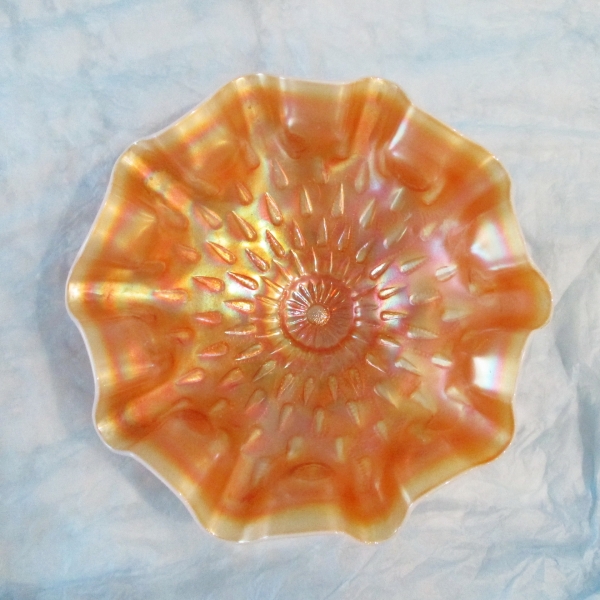 Antique Dugan Peach Opal Raindrops Carnival Glass Crimped Bowl