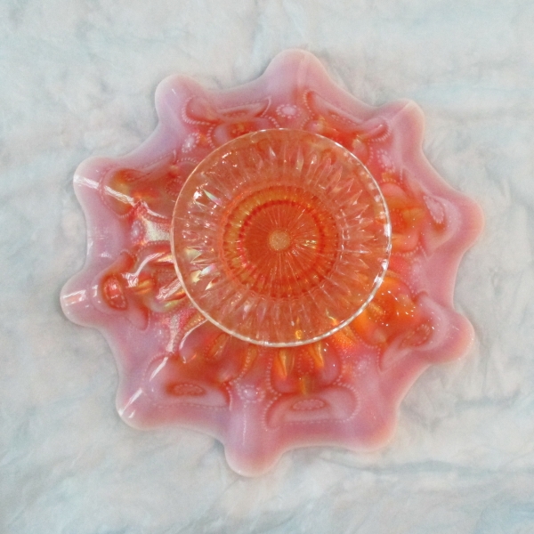 Antique Dugan Peach Opal Raindrops Carnival Glass Crimped Bowl