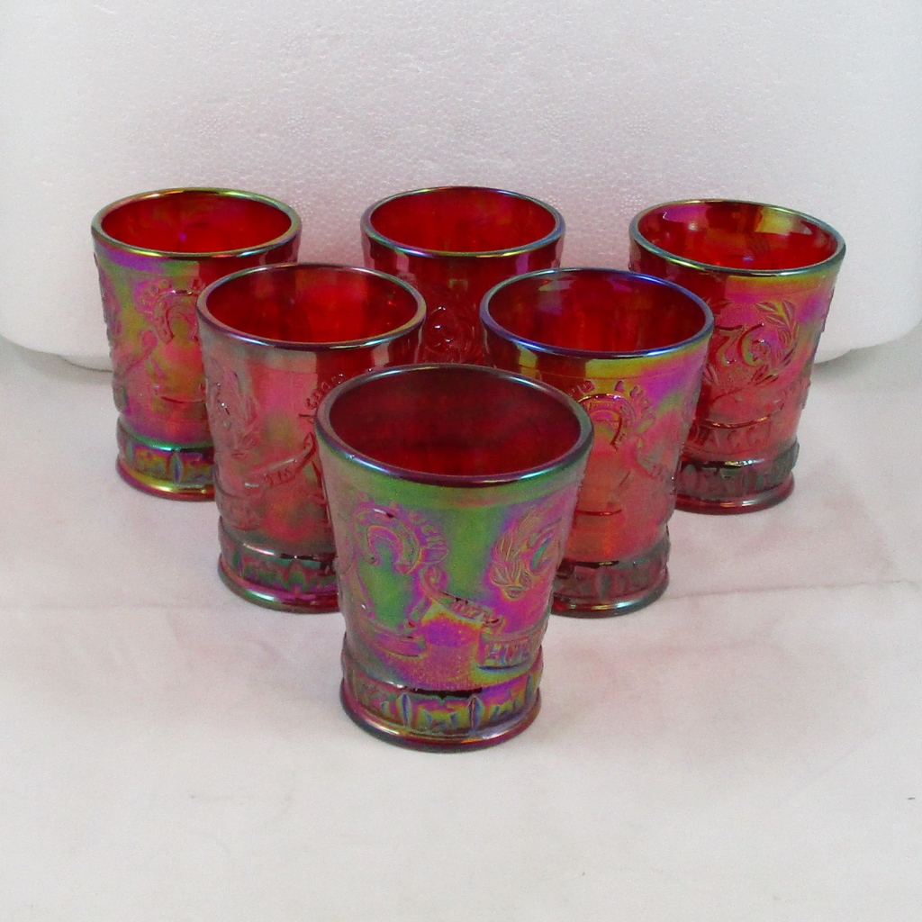 Fenton for HOACGA Red Good Luck Carnival Glass Whiskey Set Bicentennial