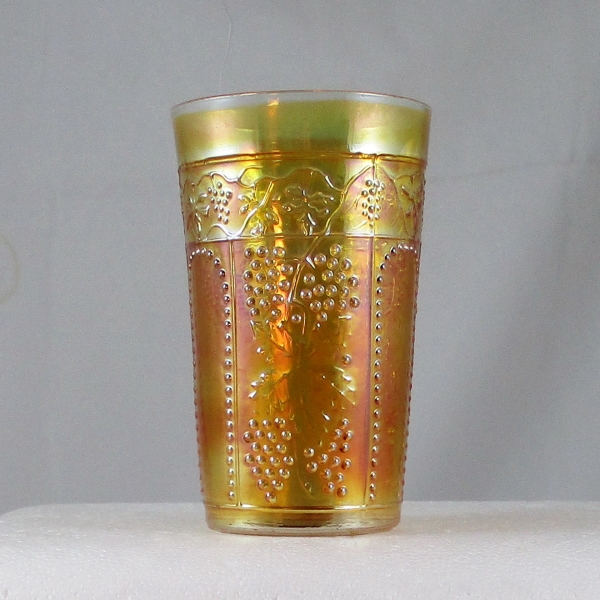Antique Jain Beaded Panels & Grapes Marigold Carnival Glass Tumbler