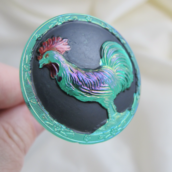 Antique “Rooster” Painted TEAL Carnival Glass Hatpin