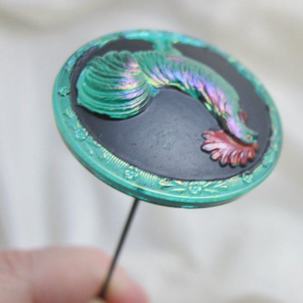 Antique “Rooster” Painted TEAL Carnival Glass Hatpin