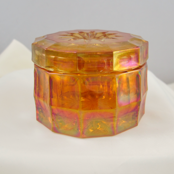 Antique Inwald Marigold Jacobean Ranger Carnival Glass Powder Jar