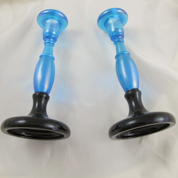 Antique Fenton #549 Celeste Blue Stretch Carnival Glass Candleholders BLACK BASE!