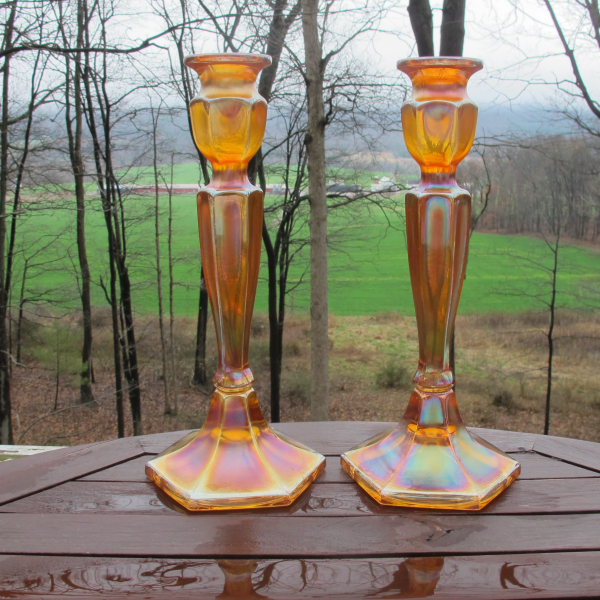 Antique Fenton Marigold Grecian Gold Florentine #349 Stretch Carnival Glass Candleholders