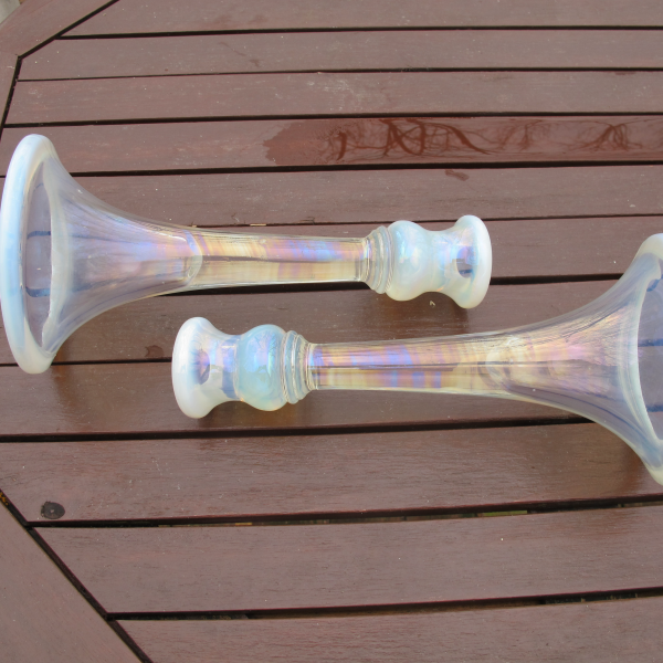 Antique Central Glass Iridized White Opal Trumpet Carnival Glass Candleholders