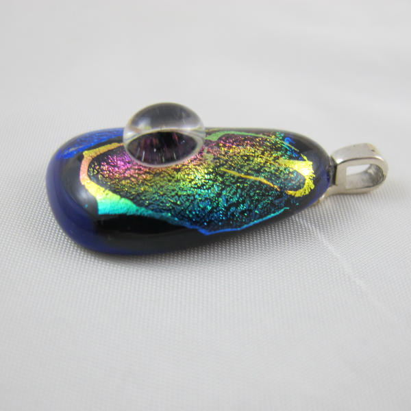 Handcrafted Blue Dichroic Opal Art Glass Pendant w Magnifier