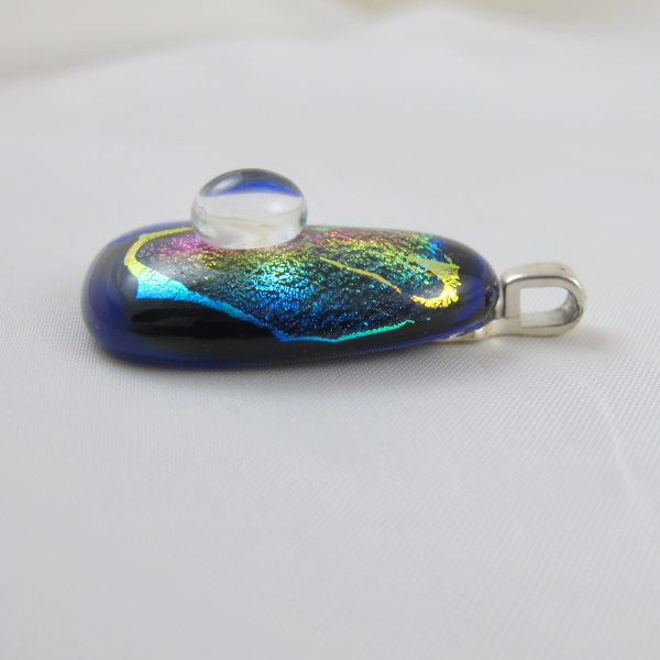 Handcrafted Blue Dichroic Opal Art Glass Pendant w Magnifier