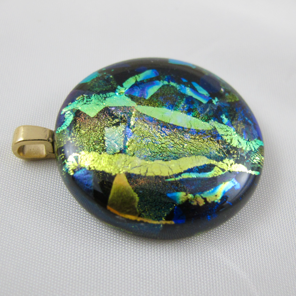 Handcrafted Black Amethyst Dichroic Foil Round Art Glass Pendant