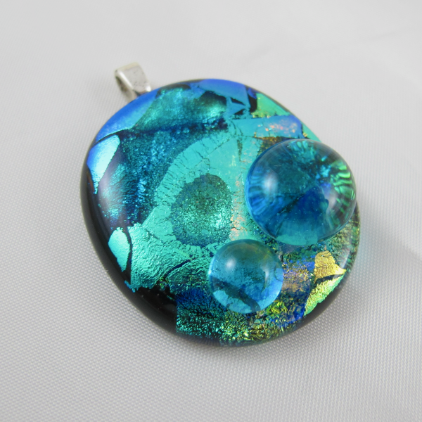 Handcrafted Dichroic Foil Round Fused Magnifying Bubbles Art Glass Pendant