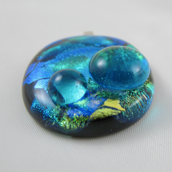 Handcrafted Dichroic Foil Round Fused Magnifying Bubbles Art Glass Pendant