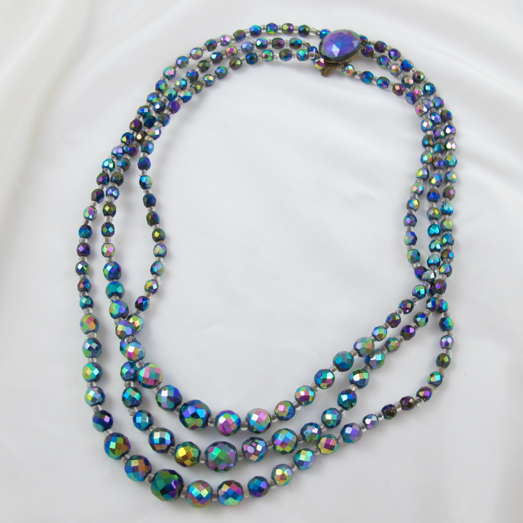 Vintage Carnival Bead Three Strand Necklace Carnival Glass