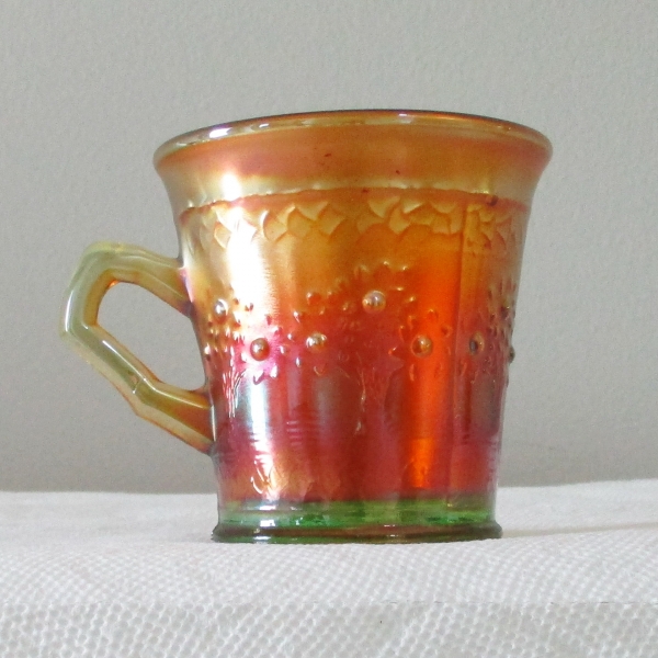 Antique Fenton Lime Green (Glows) Orange Tree Carnival Glass Mug