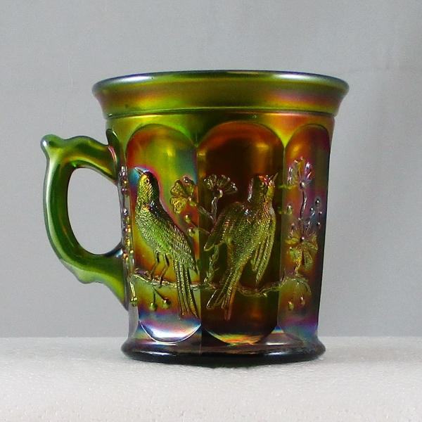 Antique Northwood Singing Birds Green Carnival Glass Mug