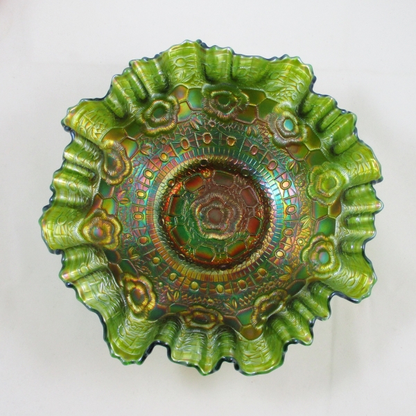 Antique Fenton Green Captive Rose Carnival Glass 3N1 Bowl