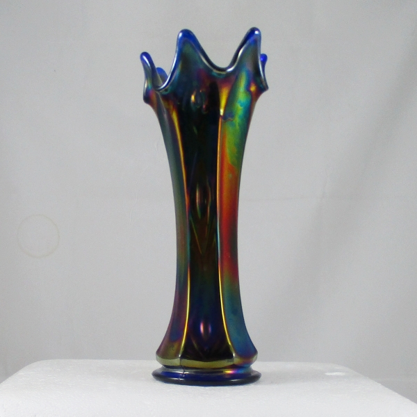 Antique Fenton Blue Paneled Diamonds & Bows Carnival Glass Swung Vase