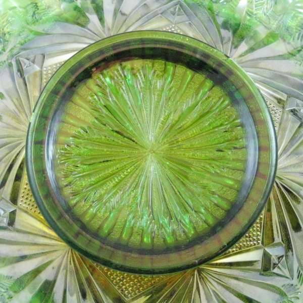 Antique Millersburg Green Rays & Ribbons Carnival Glass CRE Bowl