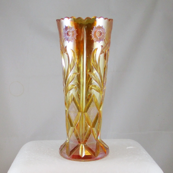 Antique Brockwitz Marigold Sunflower & Diamonds Carnival Glass Vase