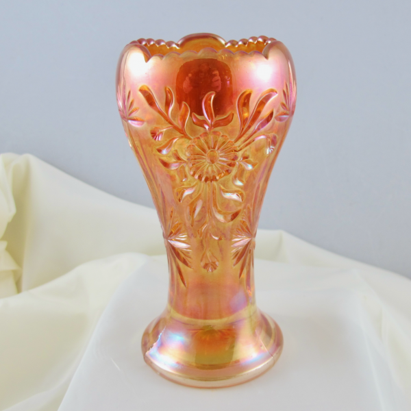 Antique Eda Floral Sunburst Marigold Carnival Glass Cupped-in Vase