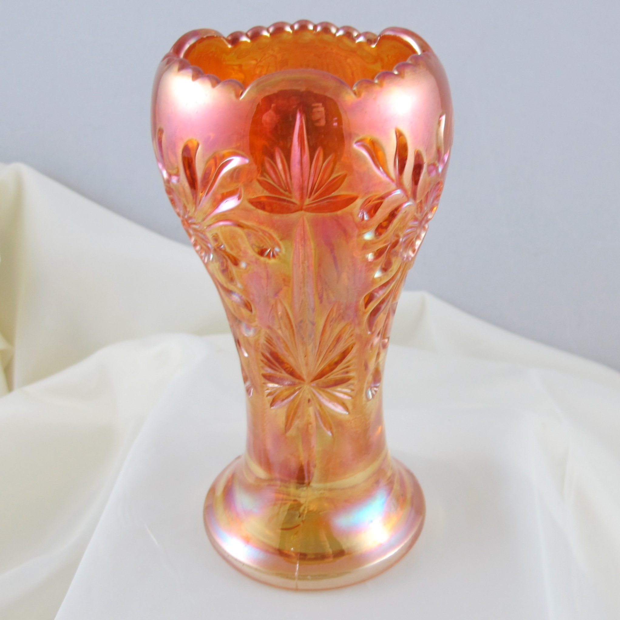 Antique Eda Floral Sunburst Marigold Carnival Glass Cupped-in Vase Antique Eda Floral Sunburst Marigold Carnival Glass Cupped-in Vase