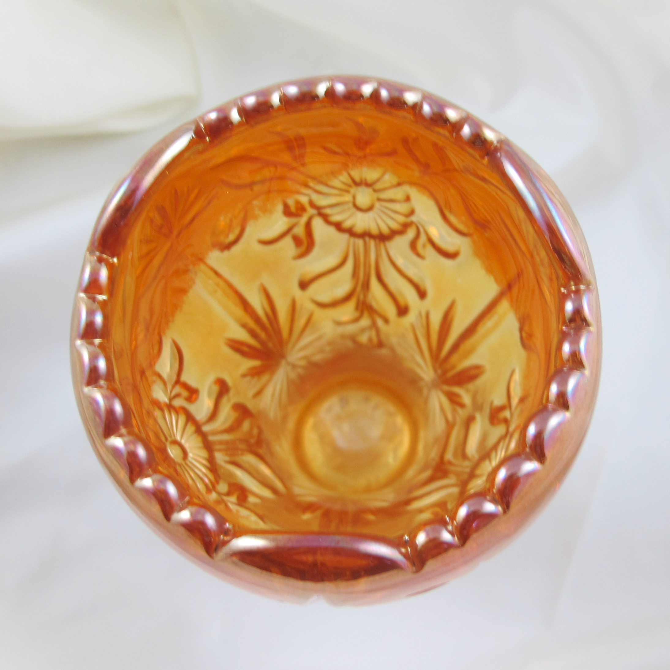 Antique Eda Floral Sunburst Marigold Carnival Glass Cupped-in Vase Antique Eda Floral Sunburst Marigold Carnival Glass Cupped-in Vase