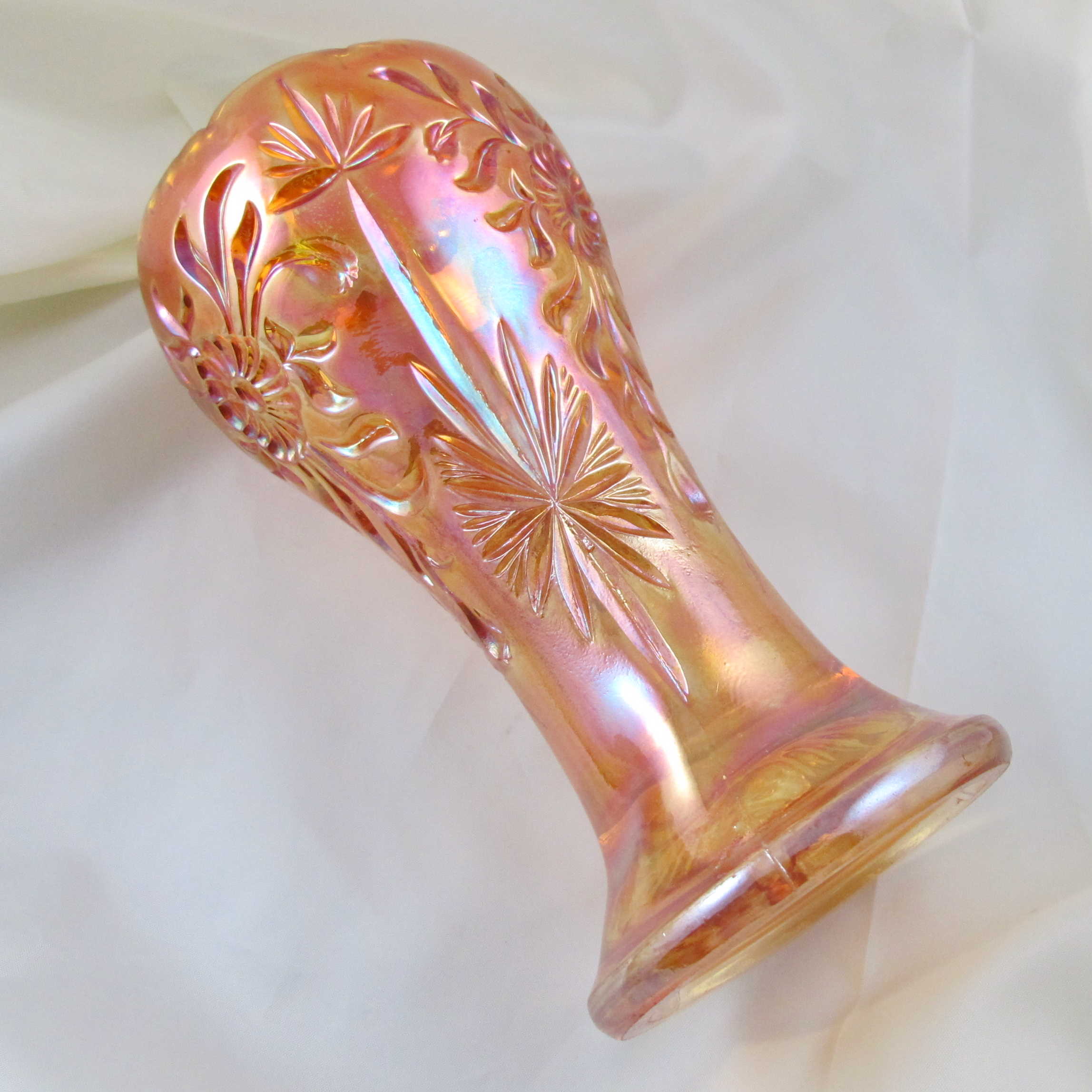 Antique Eda Floral Sunburst Marigold Carnival Glass Cupped-in Vase Antique Eda Floral Sunburst Marigold Carnival Glass Cupped-in Vase