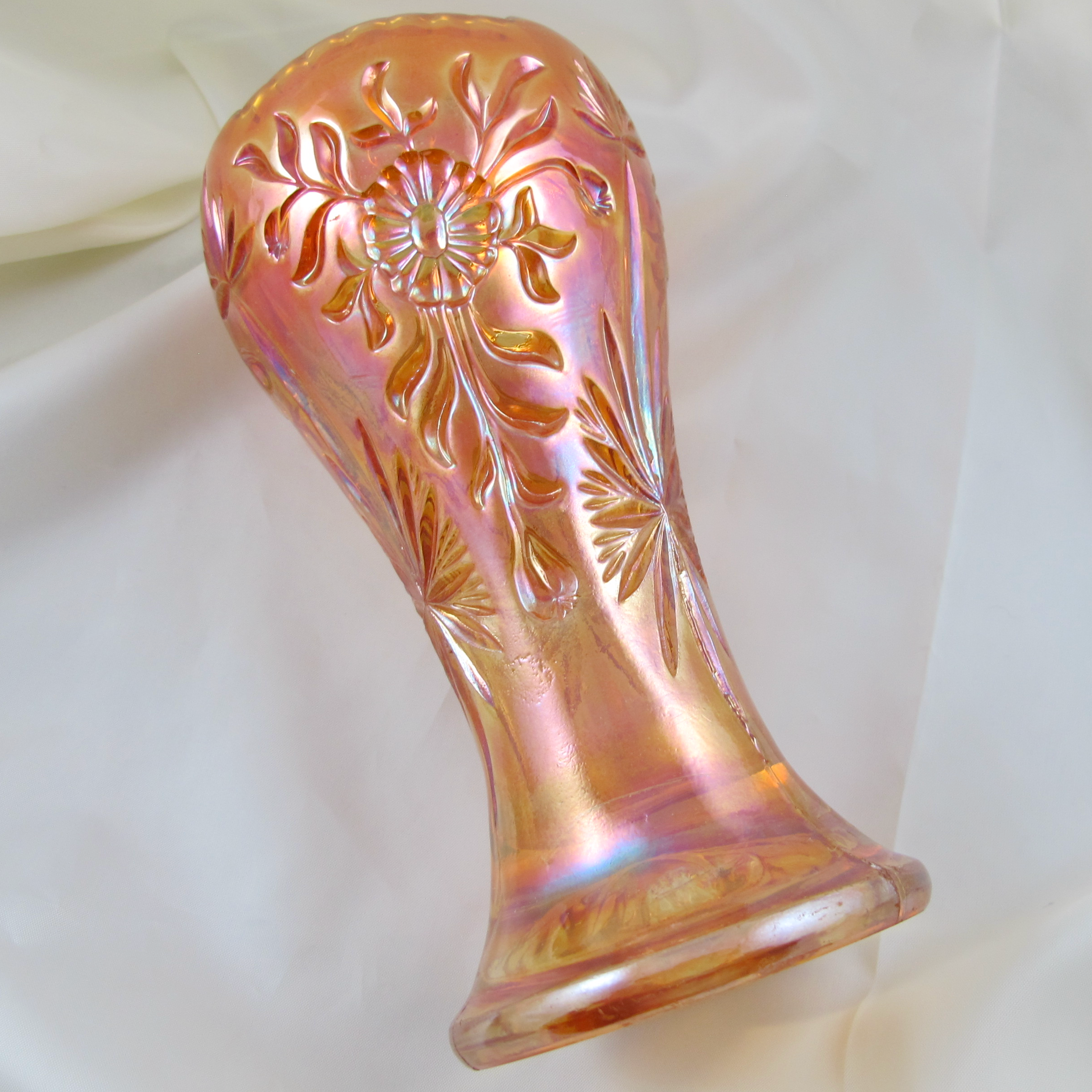 Antique Eda Floral Sunburst Marigold Carnival Glass Cupped-in Vase Antique Eda Floral Sunburst Marigold Carnival Glass Cupped-in Vase