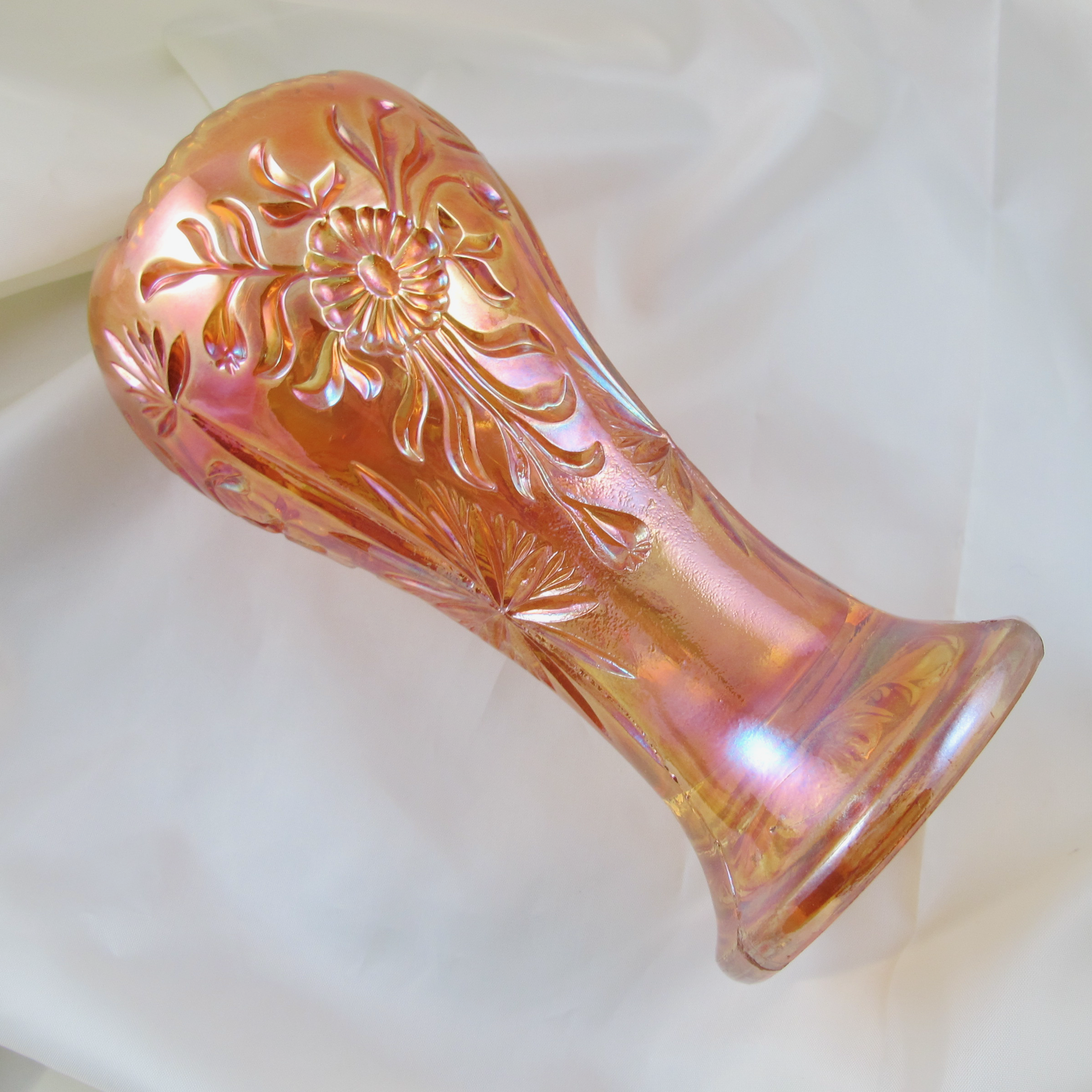 Antique Eda Floral Sunburst Marigold Carnival Glass Cupped-in Vase Antique Eda Floral Sunburst Marigold Carnival Glass Cupped-in Vase