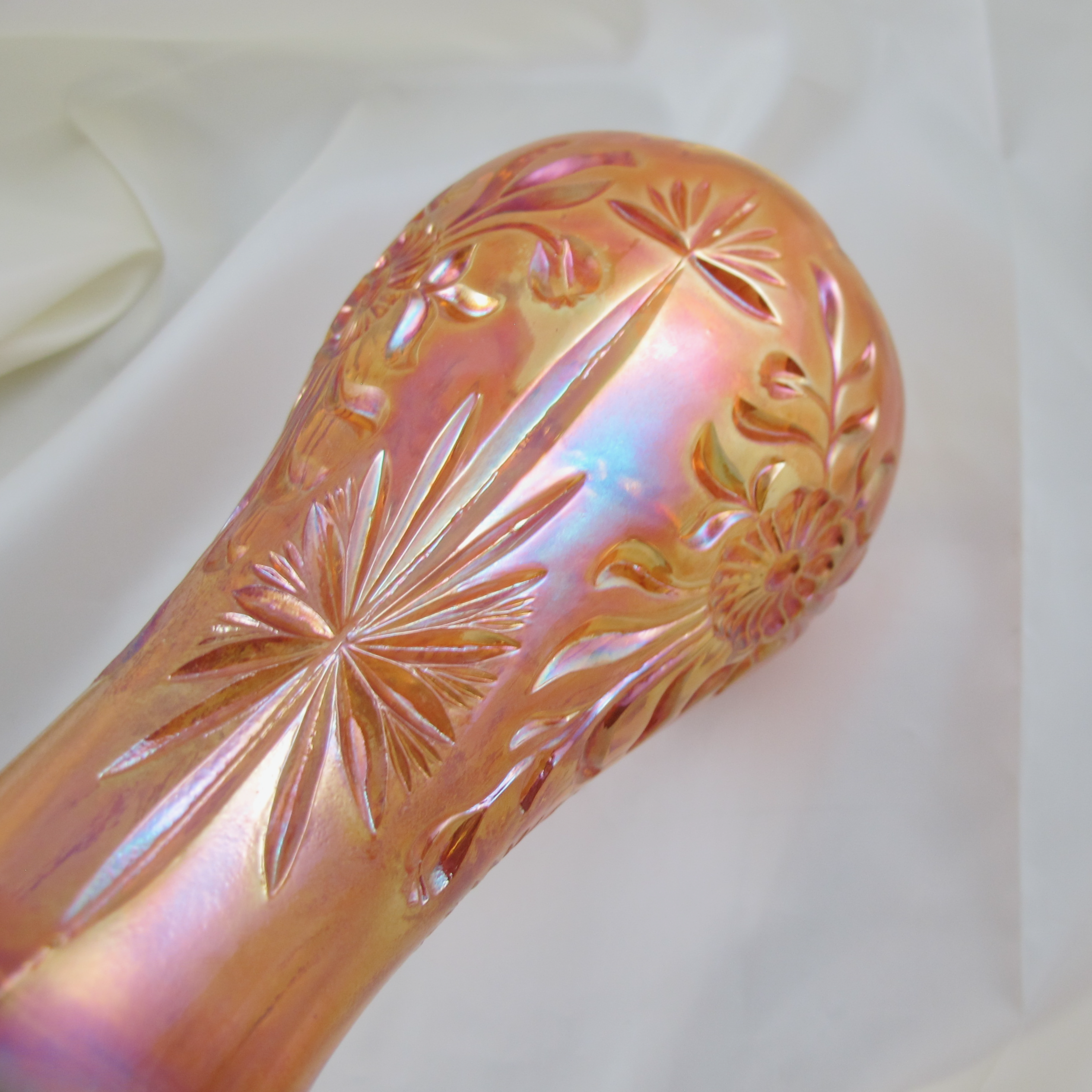 Antique Eda Floral Sunburst Marigold Carnival Glass Cupped-in Vase 