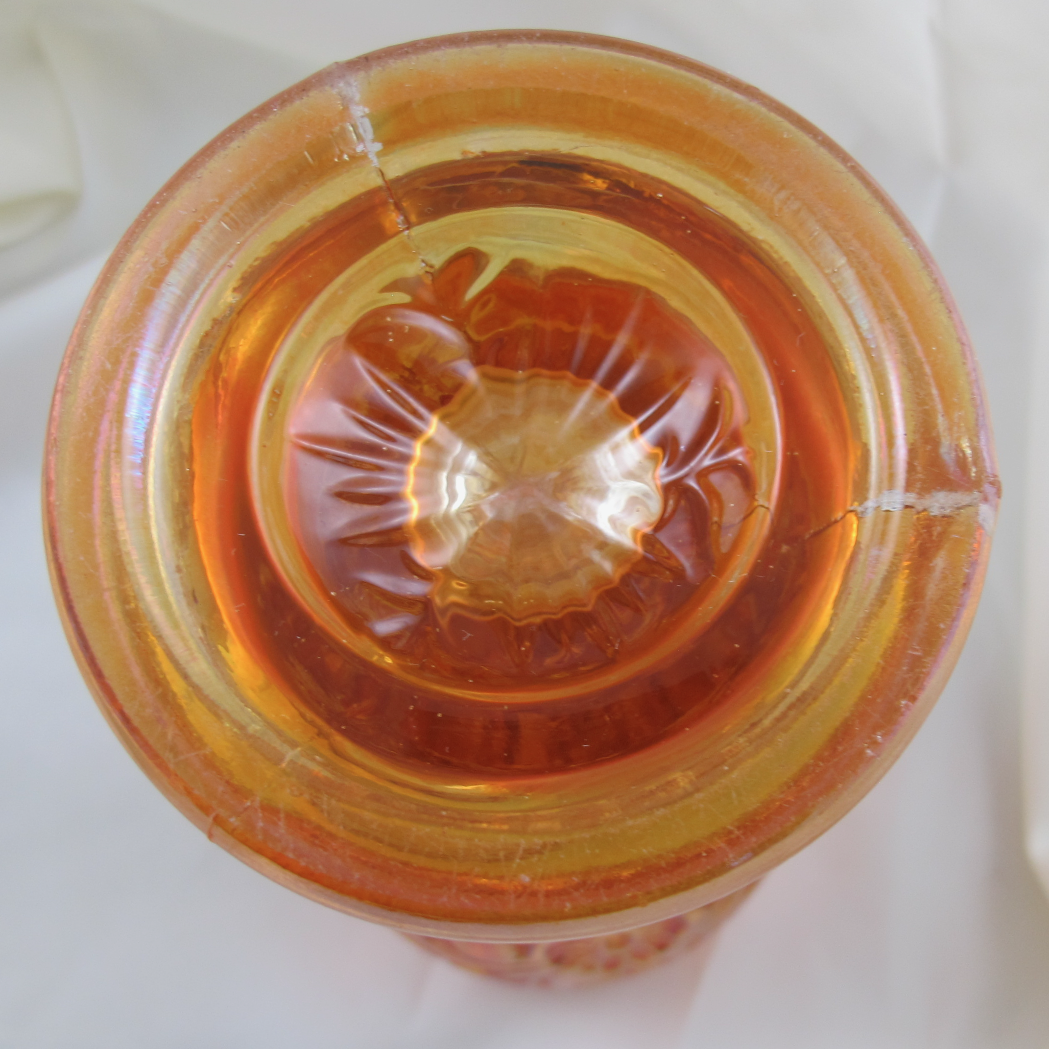 Antique Eda Floral Sunburst Marigold Carnival Glass Cupped-in Vase Antique Eda Floral Sunburst Marigold Carnival Glass Cupped-in Vase