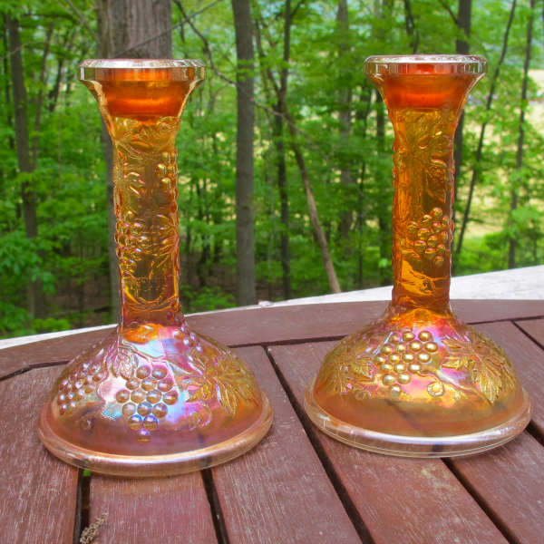 Antique Northwood Grape & Cable Marigold Carnival Glass Candleholders