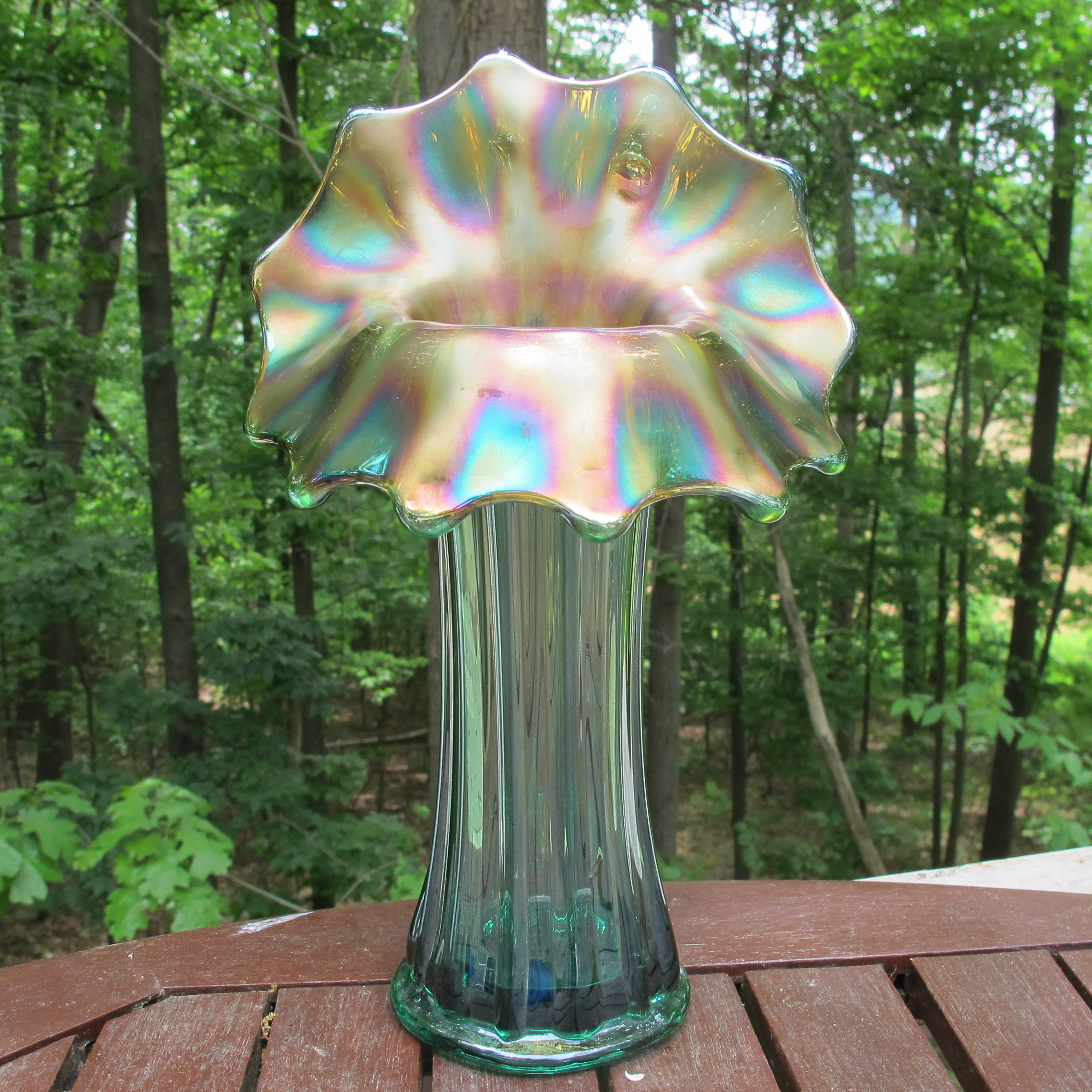 Antique Westmoreland Teal Corinth Carnival Glass JIP Vase