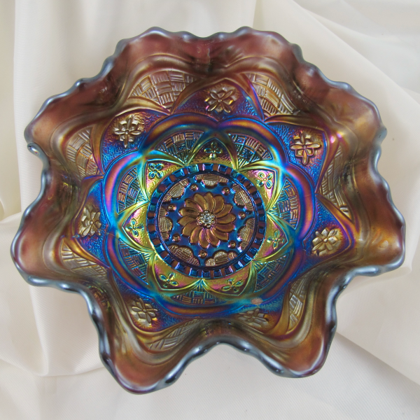 Antique Dugan Persian Garden Amethyst Carnival Glass 8-Ruffled Bowl
