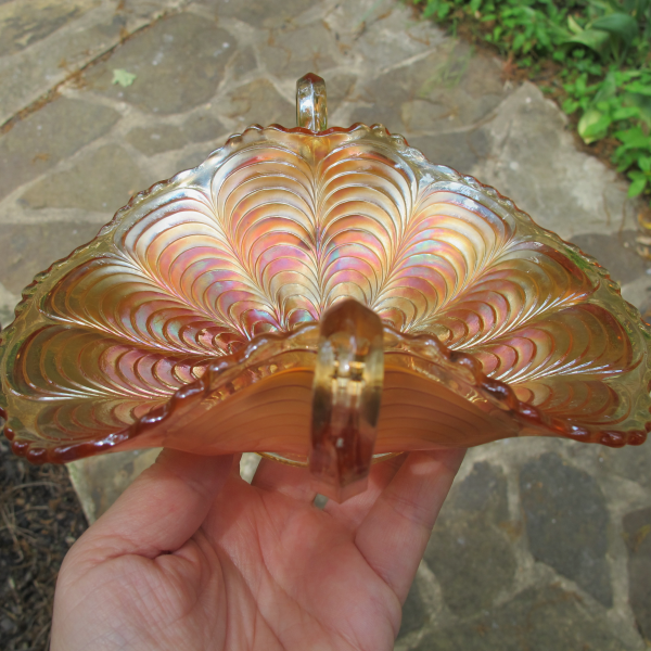 Antique Fenton Peacock Tail Marigold Carnival Glass BonBon Card Tray