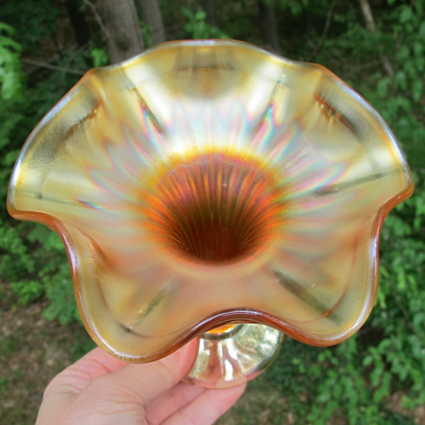 Antique Fenton Footed Fine Rib Marigold Carnival Glass Vase