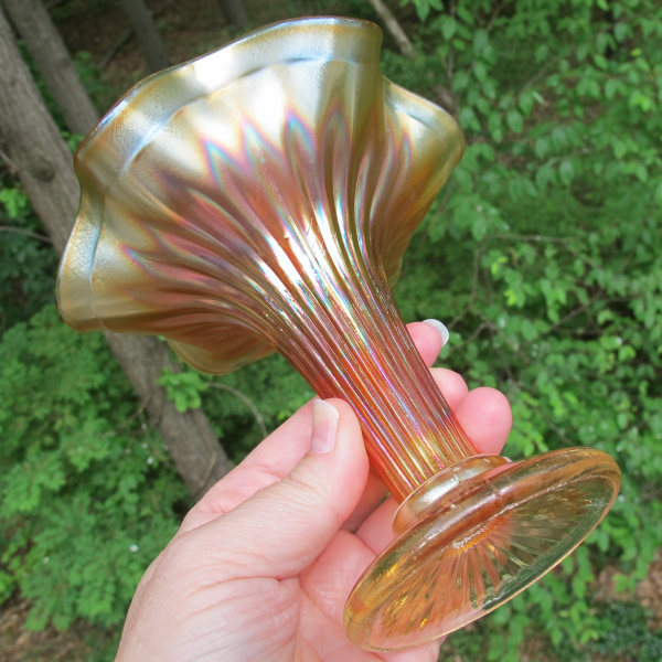 Antique Fenton Footed Fine Rib Marigold Carnival Glass Vase