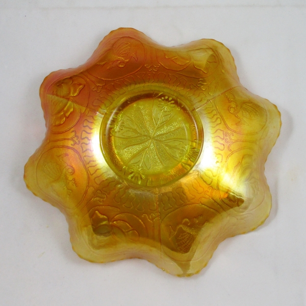 Antique Fenton Vaseline Dragon & Lotus Carnival Glass Bowl