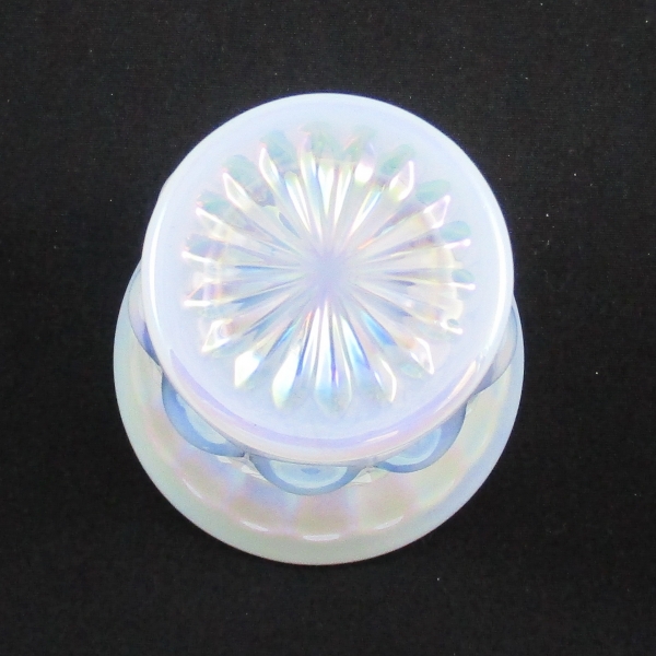 Mosser White Opal Eyewinker Carnival Glass Vase