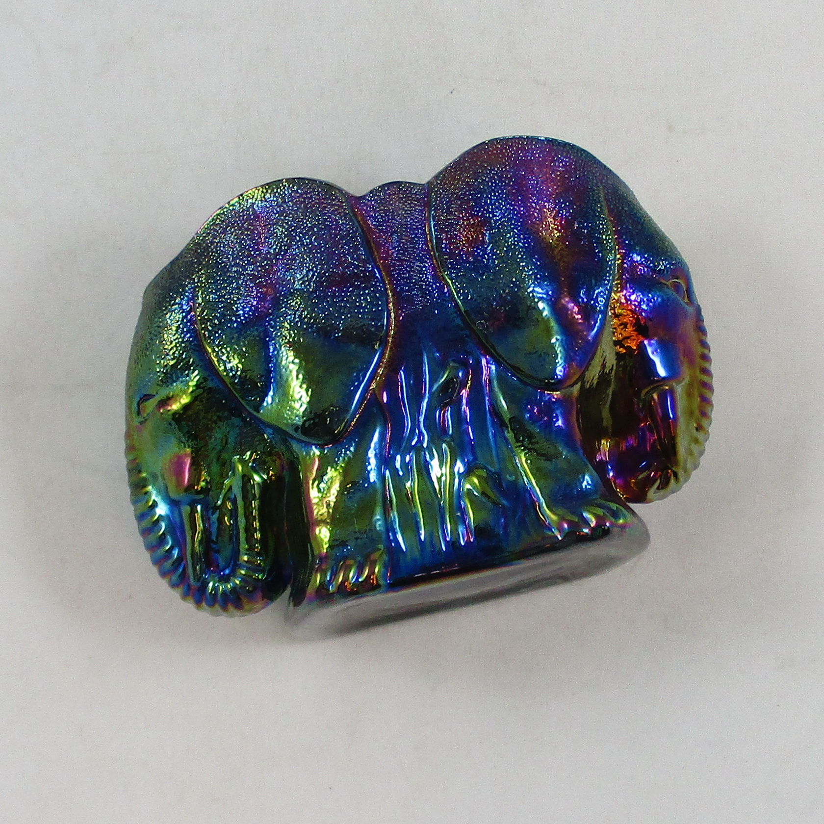 Art Glass iridescent vaseline elephant toothpick/match holder 2 1/2" 
