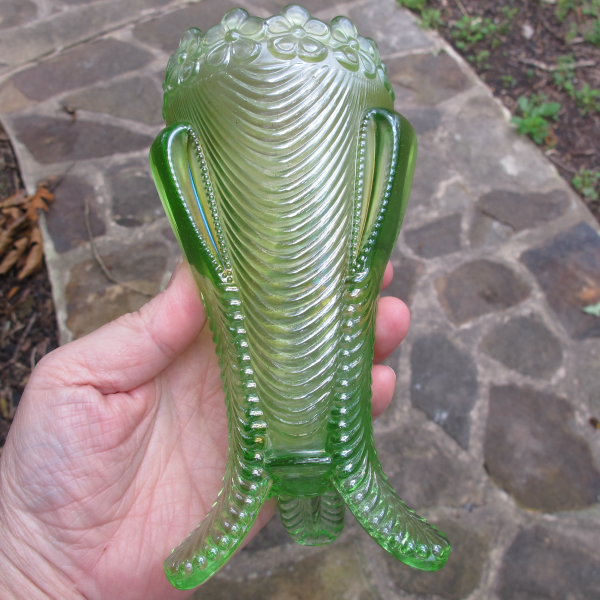 Antique Northwood Lime Dark Ice Green Daisy & Drape Carnival Glass Vase