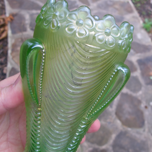 Antique Northwood Lime Dark Ice Green Daisy & Drape Carnival Glass Vase