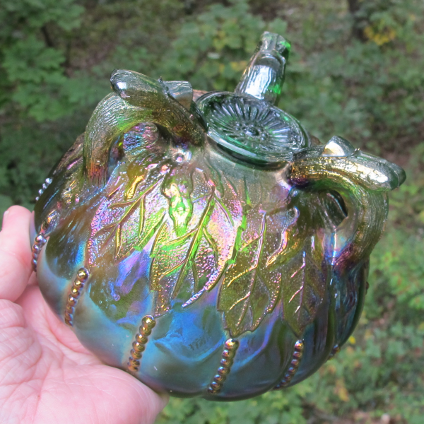 Antique Northwood Leaf & Beads Emerald Green Carnival Glass Rose Bowl