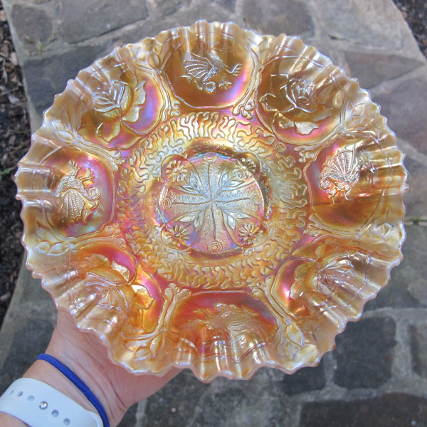 Antique Fenton Peach Opal Dragon & Lotus Carnival Glass 3N1 Bowl Opalescent