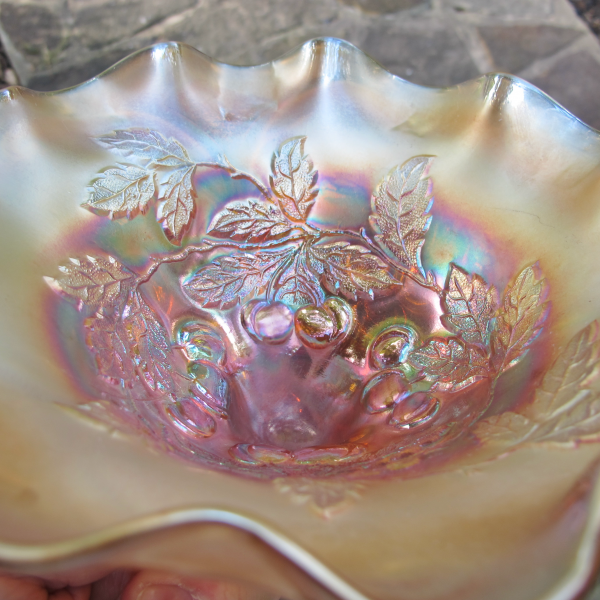 Antique Dugan Cherries Pastel Marigold Carnival Glass Footed Bowl